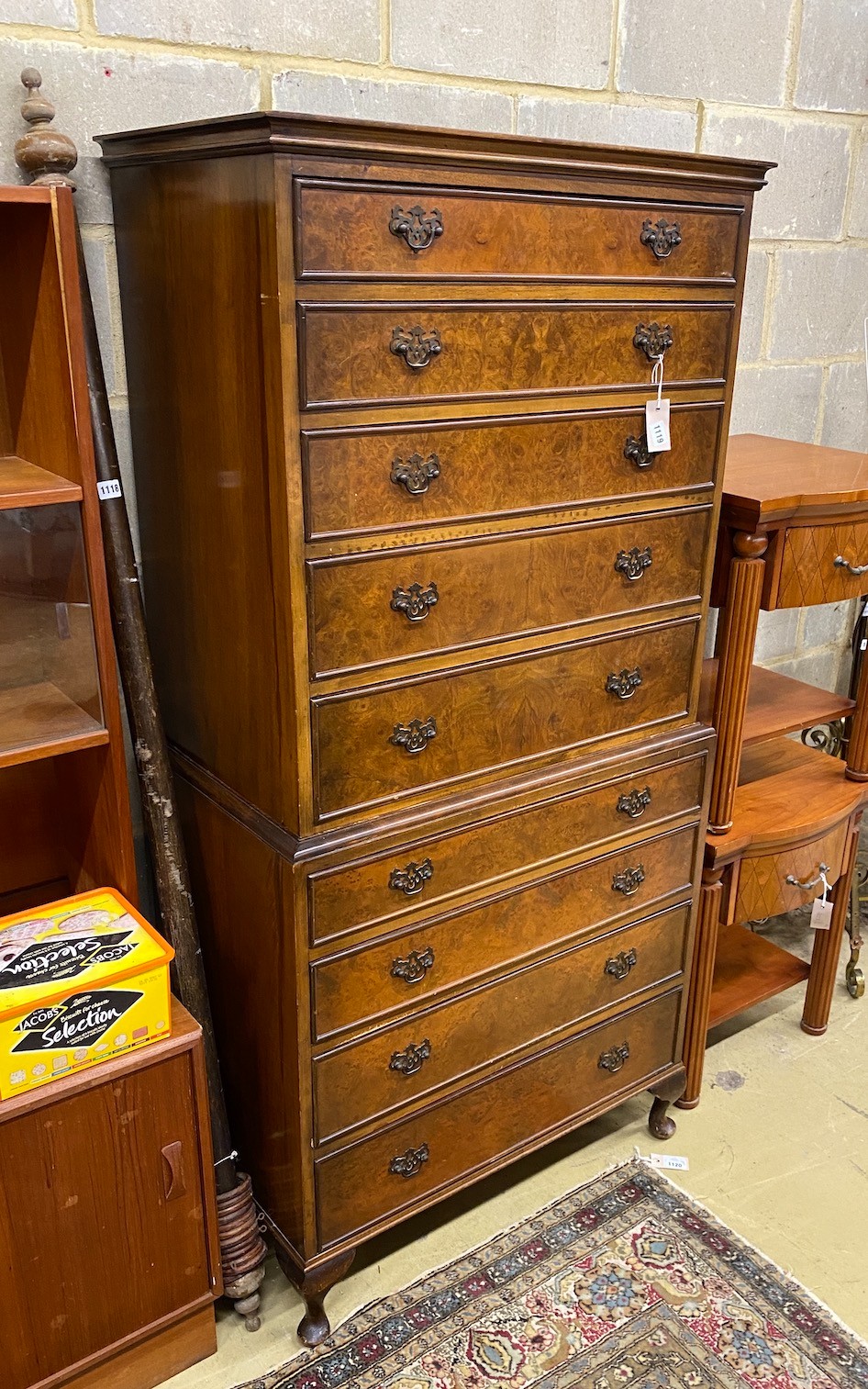 A reproduction George III style walnut chest on chest, width 81cm, depth 48cm, height 159cm